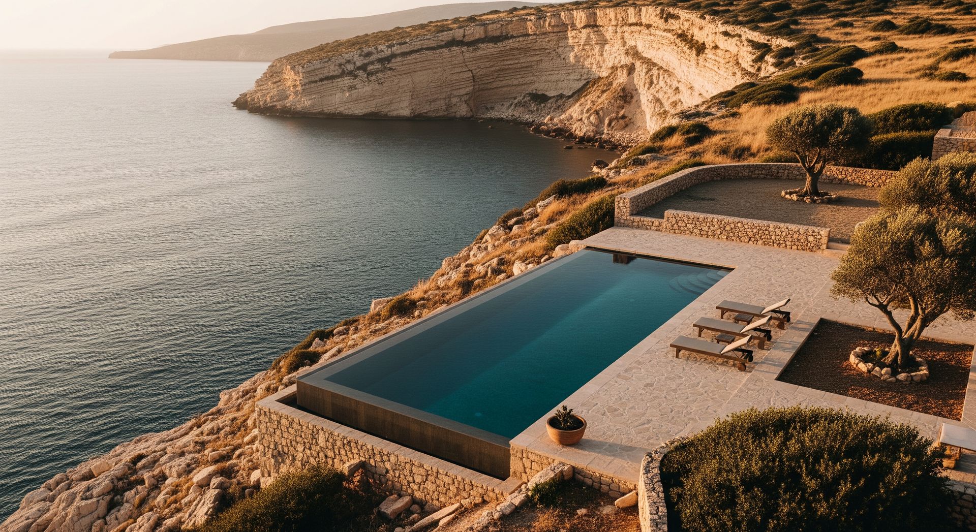 A cliffside pool above the Mediterranean at dusk